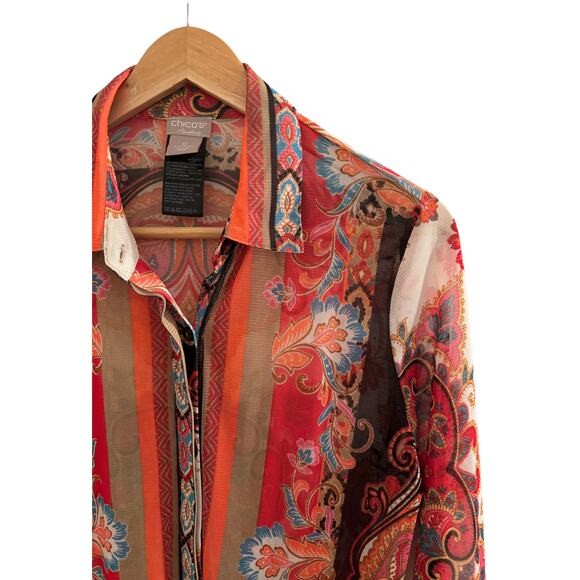 Chicos Multicolor Patterned Button Up Semi Sheer Blouse S Boho Artsy Bohemian - Picture 4 of 10